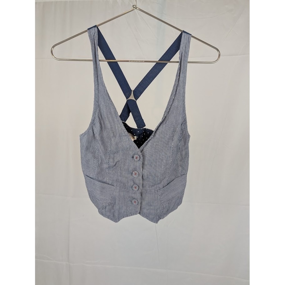 Maurices Blue Pinstripe Cropped Vest Small Crisscross Back Polka Dot Lining